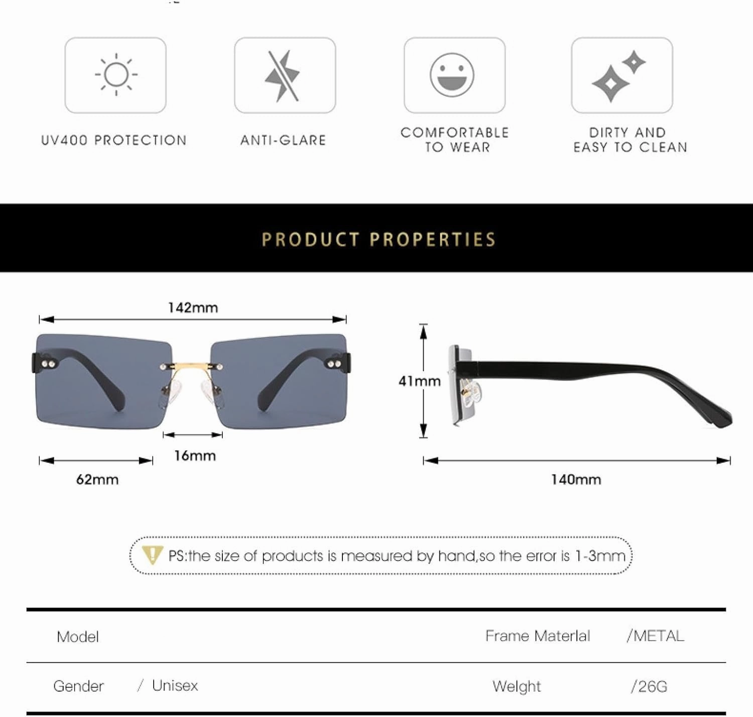 Luxury Rimless Sunglasses Women Men Fashion Vintage Rivets Glasses Outdoor Summer Traveling Eyewear Uv400