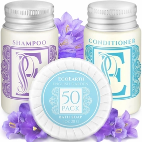 Luxury Travel and Hotel Amenities Set (1 Oz, 150 Pieces), Grade-A Guest Ingredients and Gift Packaging Toiletries, Includes 50 Round Soaps, 50 Shampoos & 50 Conditioners by EcoEarth