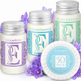 Luxury Travel and Hotel Amenities Set (1 Oz, 200 Pieces), Grade-A Guest Ingredients and Gift Packaging Toiletries, Includes 50 Round Soaps, 50 Shampoos, 50 Conditioners & 50 Lotions by EcoEarth