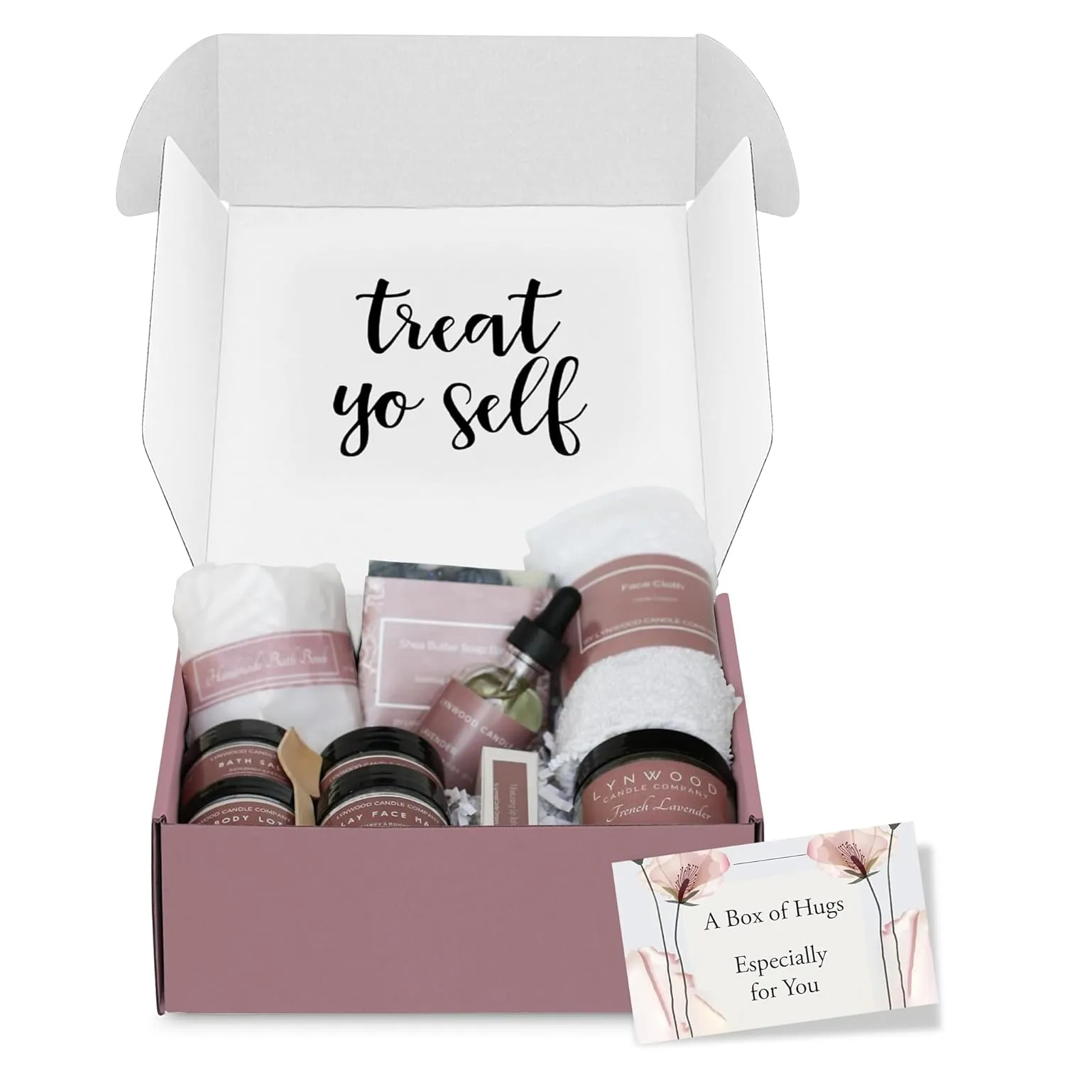 Lynwood Treat Yourself Gifts: Treat Yo Self Package With All Natural Sugar Shower Scrub, Soap and Lotion Set, Shower Bomb Aromatherapy, Hydrating Body Oil, Scented Candle, Relaxing Lavander Bath Salts