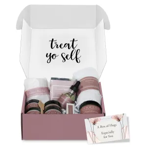 Lynwood Treat Yourself Gifts: Treat Yo Self Package With All Natural Sugar Shower Scrub, Soap and Lotion Set, Shower Bomb Aromatherapy, Hydrating Body Oil, Scented Candle, Relaxing Lavander Bath Salts