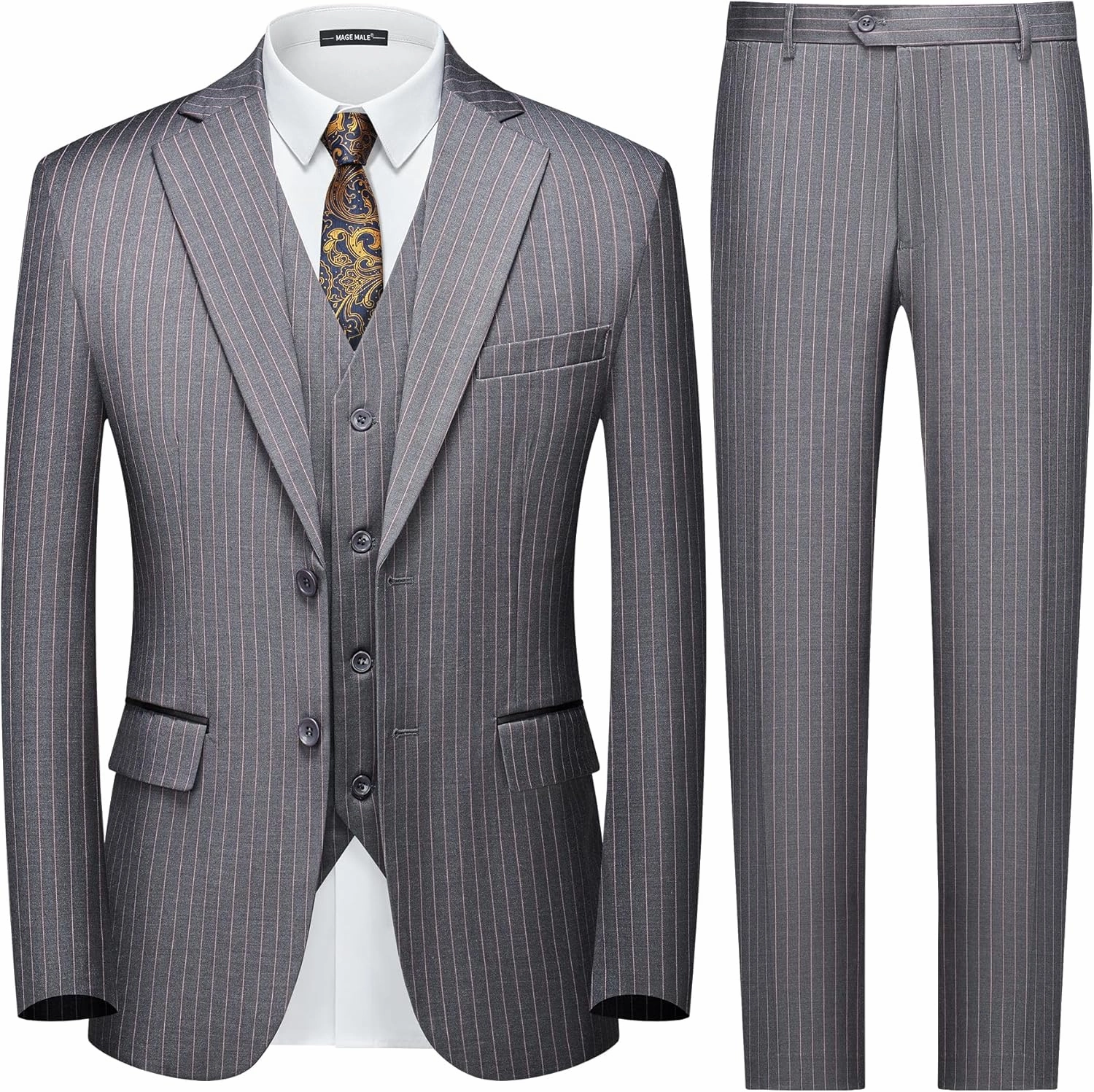 MAGE MALE Men’s Pinstripe 3 Piece Suit Slim Fit Elegant Single Breasted Business Wedding Party Blazer Vest& Pants Set
