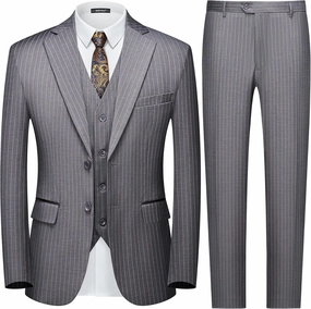 MAGE MALE Men’s Pinstripe 3 Piece Suit Slim Fit Elegant Single Breasted Business Wedding Party Blazer Vest& Pants Set