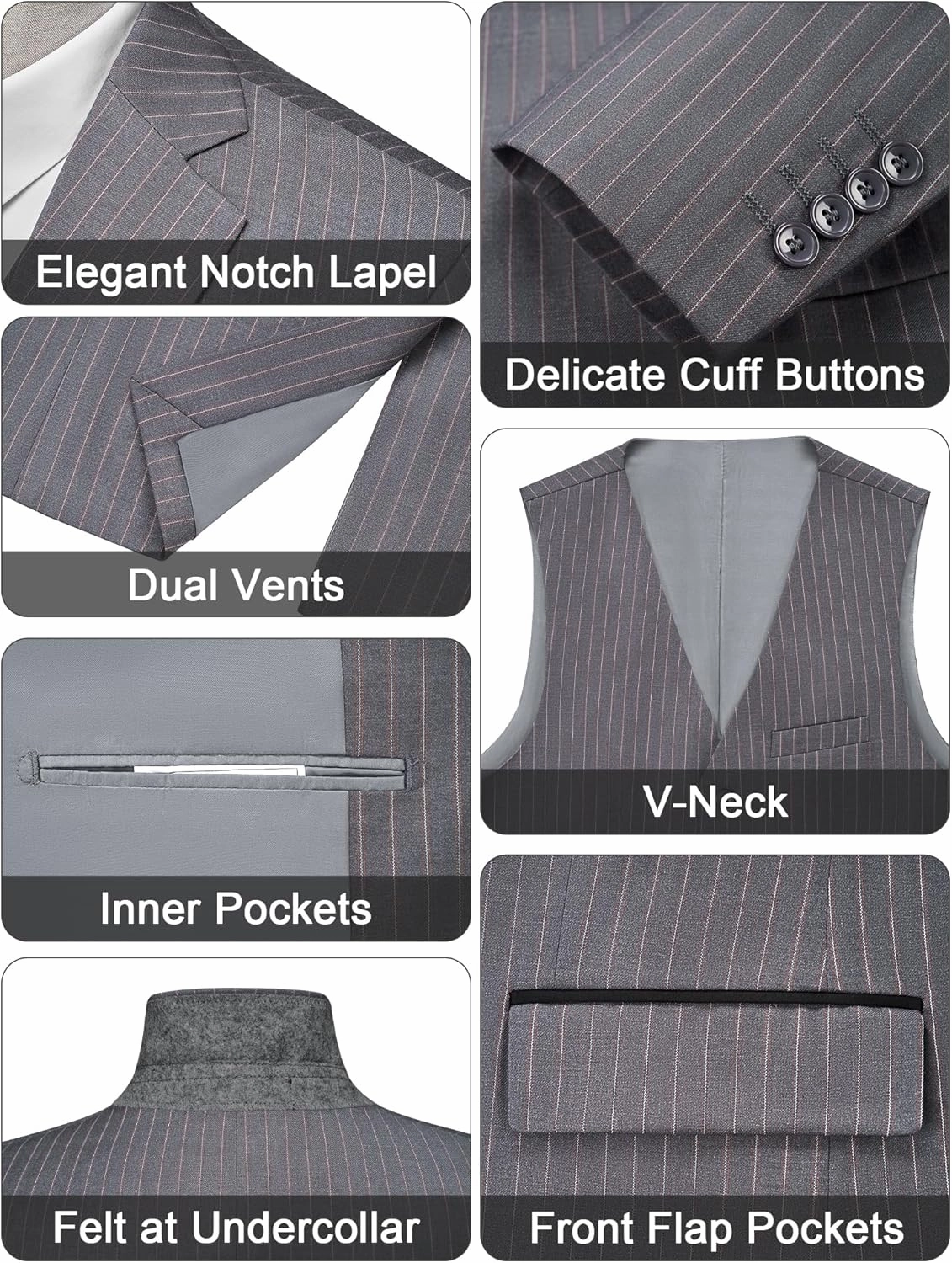 MAGE MALE Men’s Pinstripe 3 Piece Suit Slim Fit Elegant Single Breasted Business Wedding Party Blazer Vest& Pants Set