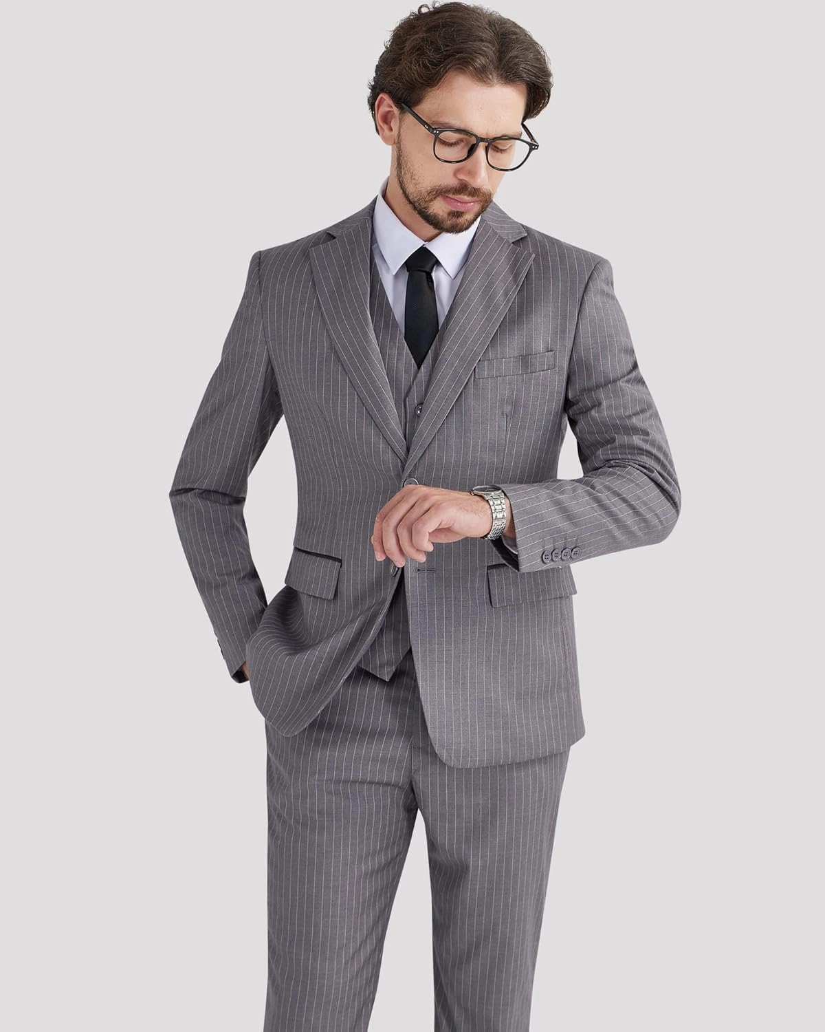 MAGE MALE Men’s Pinstripe 3 Piece Suit Slim Fit Elegant Single Breasted Business Wedding Party Blazer Vest& Pants Set