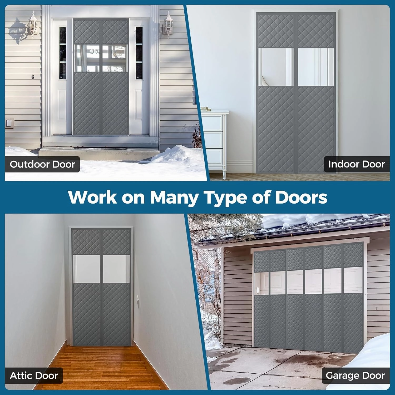 Magnetic Thermal Insulated Door Curtain Fits Door Size 32" x 80", Oxford Cloth Thicken Cotton Fiber Filled, Self-closing Screen Insulation Cover Keep Warm in Winter, with Clear Windows, Grey