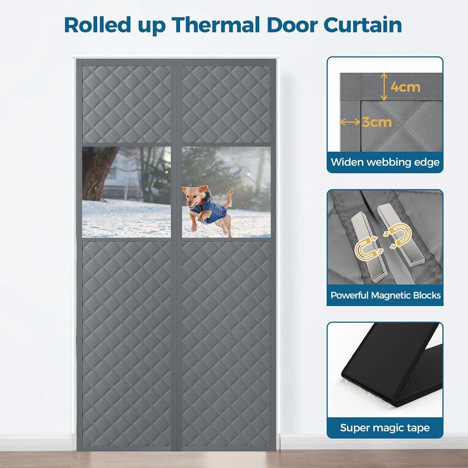Magnetic Thermal Insulated Door Curtain Fits Door Size 32" x 80", Oxford Cloth Thicken Cotton Fiber Filled, Self-closing Screen Insulation Cover Keep Warm in Winter, with Clear Windows, Grey