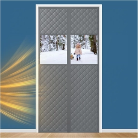 Magnetic Thermal Insulated Door Curtain Fits Door Size 32" x 80", Oxford Cloth Thicken Cotton Fiber Filled, Self-closing Screen Insulation Cover Keep Warm in Winter, with Clear Windows, Grey