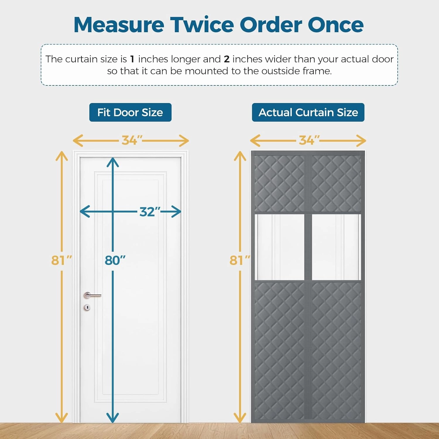 Magnetic Thermal Insulated Door Curtain Fits Door Size 32" x 80", Oxford Cloth Thicken Cotton Fiber Filled, Self-closing Screen Insulation Cover Keep Warm in Winter, with Clear Windows, Grey