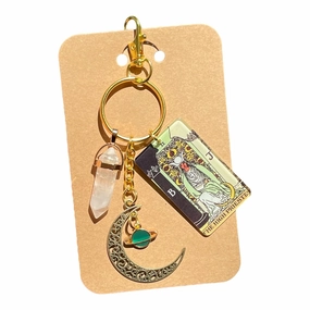 MARMALADE Holiday Gifts, THE HIGH PRIESTESS Tarot Card, Woman's Bag Charms, Women's Keychains, Natural Quartz Crystal, Rustic Crescent Moon Chunky Charm, Women Christmas Gifts, Gifts with Meaning, Spiritual Healing Gifts