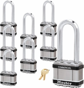 Master Lock Magnum Padlock - 2" W x 2-1/2"L Shackle, Eight (8) Keyed Alike Locks M5NKALJSTS-8 w/BumpStop Technology