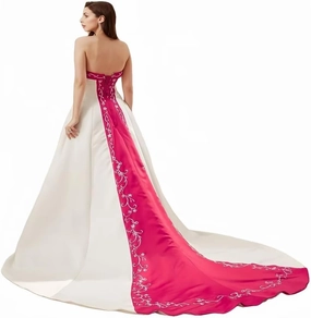 Mauuwy Women's Embroidered Satin Wedding Dresses for Bride Vintage A Line Strapless Corset Back Bridal Gowns with Train