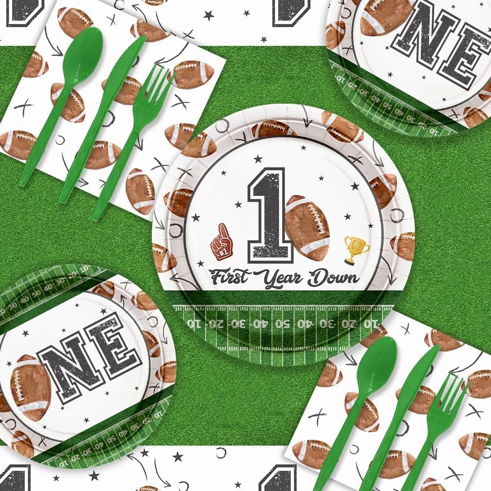 MEHOFOND 193Pcs First Year Down Football 1st Birthday Party Decorations Football Tableware Set Party Supplies for Boys with Plates Napkin Cups Tablecloth Touchdown Game Day for 24 Guests
