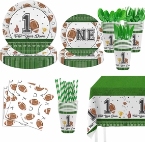 MEHOFOND 193Pcs First Year Down Football 1st Birthday Party Decorations Football Tableware Set Party Supplies for Boys with Plates Napkin Cups Tablecloth Touchdown Game Day for 24 Guests
