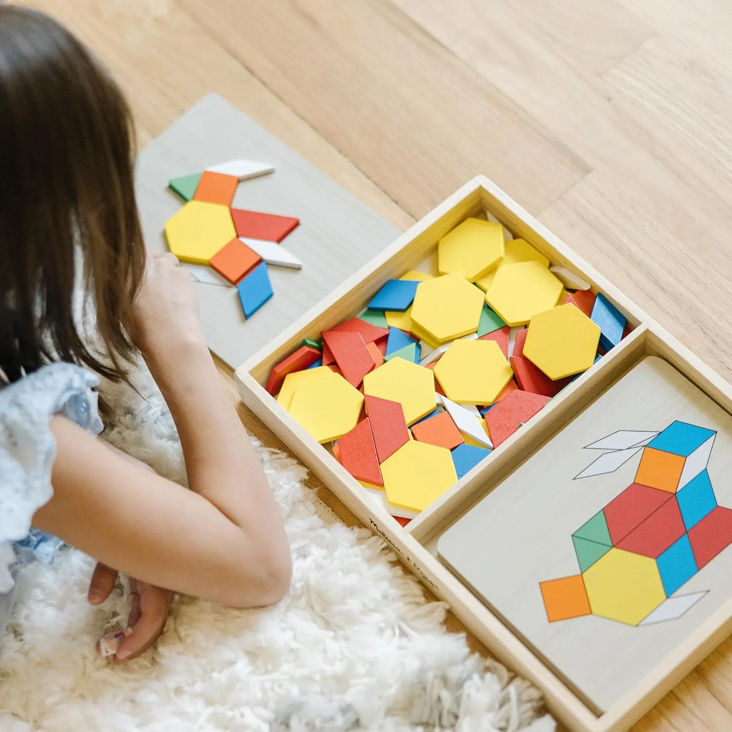 Melissa & Doug Pattern Blocks and Boards - Wooden Classic Toy With 120 Solid Wood Shapes and 5 Double-Sided Panels, Multi-colored - STEAM Animals, Tangrams Puzzle For Kids Ages 3 