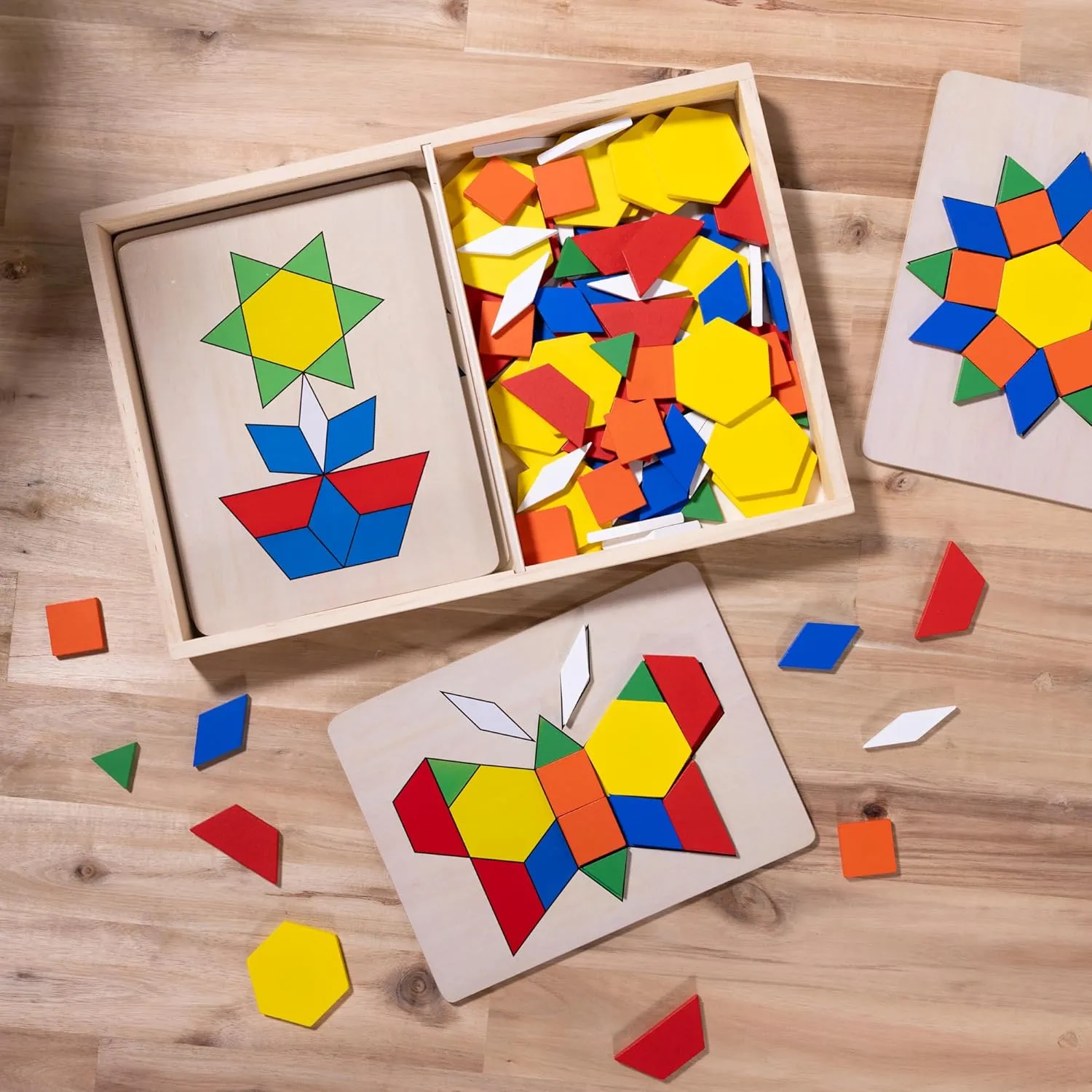Melissa & Doug Pattern Blocks and Boards - Wooden Classic Toy With 120 Solid Wood Shapes and 5 Double-Sided Panels, Multi-colored - STEAM Animals, Tangrams Puzzle For Kids Ages 3 