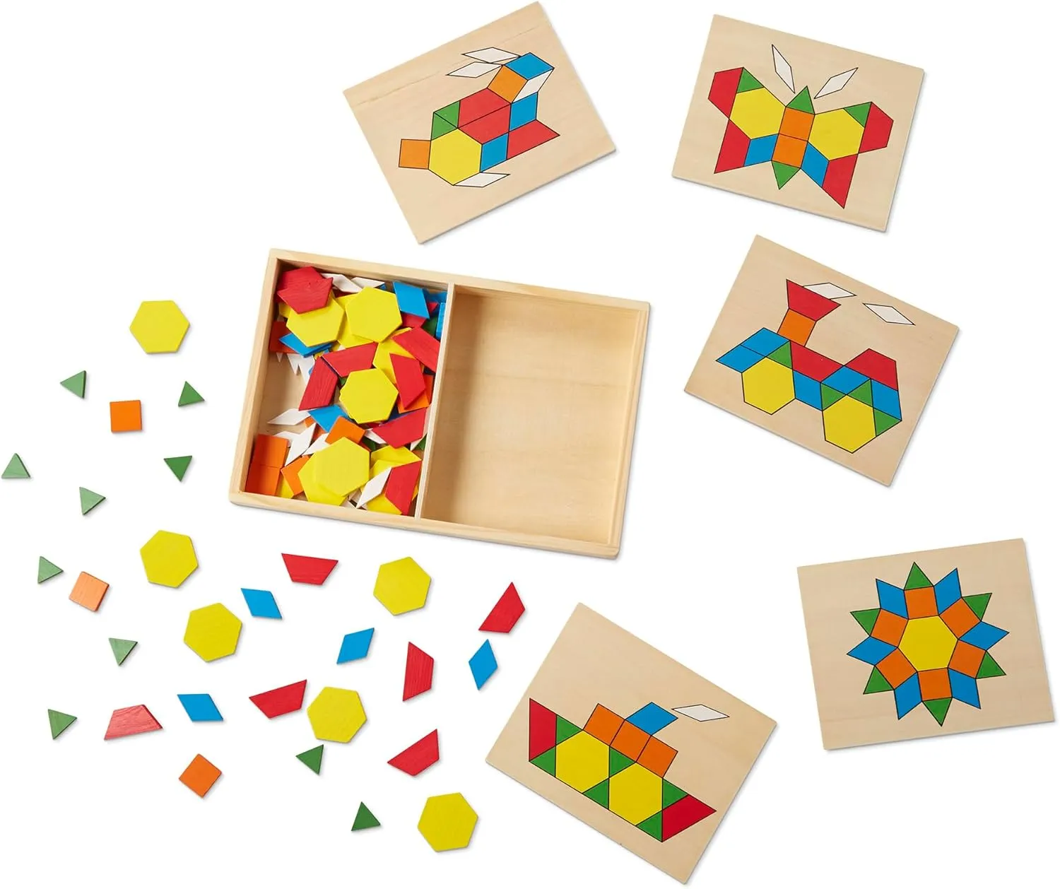 Melissa & Doug Pattern Blocks and Boards - Wooden Classic Toy With 120 Solid Wood Shapes and 5 Double-Sided Panels, Multi-colored - STEAM Animals, Tangrams Puzzle For Kids Ages 3 