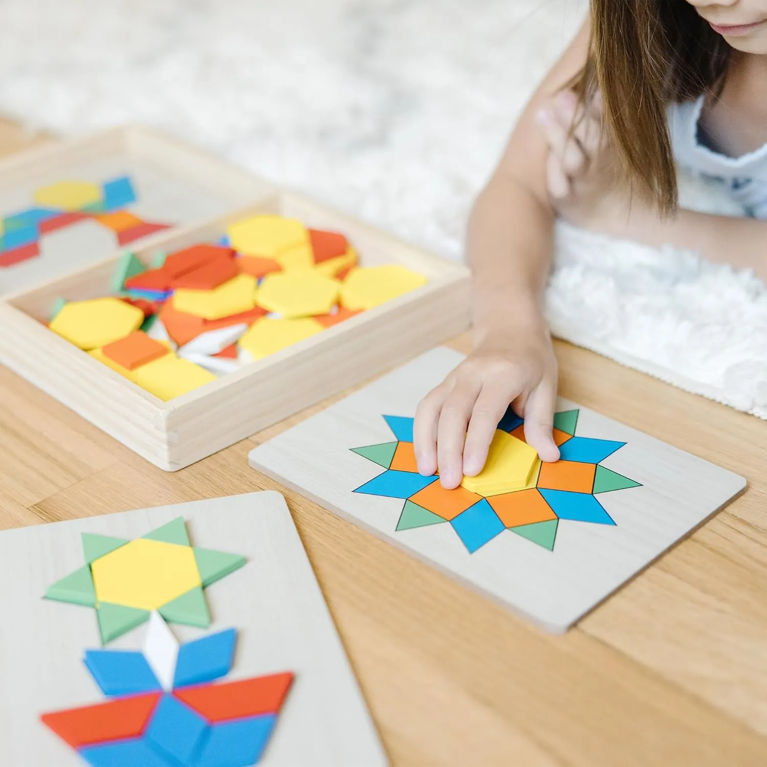 Melissa & Doug Pattern Blocks and Boards - Wooden Classic Toy With 120 Solid Wood Shapes and 5 Double-Sided Panels, Multi-colored - STEAM Animals, Tangrams Puzzle For Kids Ages 3 