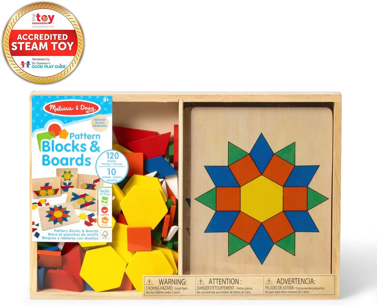 Melissa & Doug Pattern Blocks and Boards - Wooden Classic Toy With 120 Solid Wood Shapes and 5 Double-Sided Panels, Multi-colored - STEAM Animals, Tangrams Puzzle For Kids Ages 3 