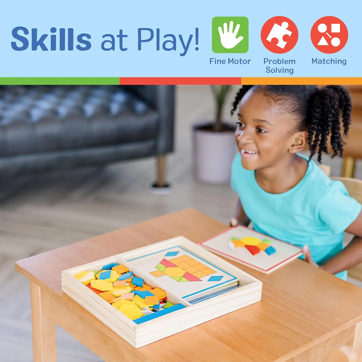 Melissa & Doug Pattern Blocks and Boards - Wooden Classic Toy With 120 Solid Wood Shapes and 5 Double-Sided Panels, Multi-colored - STEAM Animals, Tangrams Puzzle For Kids Ages 3 