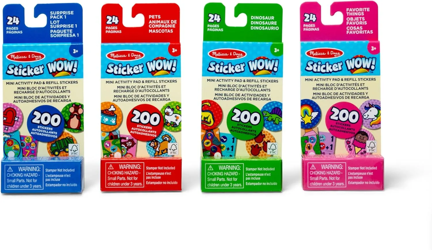 Melissa & Doug Sticker Wow!™ Mini Activity Pad and Refill Stickers 4-Pack (Dinosaur, Pets, Favorite Things, Surprise Pack 1) – 200 Stickers Each (800 Total) for Any Sticker Stamper (Not Included)
