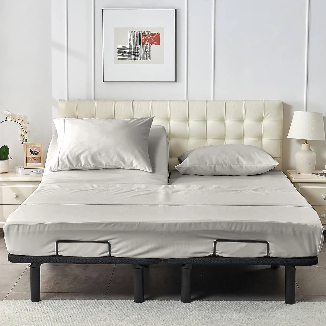Mellowing Split Head Flex King Sheet Sets for Adjustable Beds-Split Top King Sheets for Sleep Number Bed - 100% Egyptian Cotton 4 Pc Sheet Set (18" Deep, Half Split Fitted King 30"- Silver)