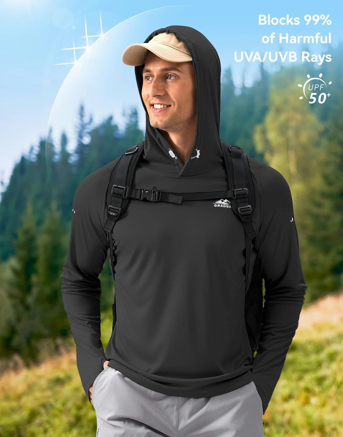Men's Sun Protection Hoodie Shirt UPF 50  Long Sleeve Fishing Rash Guard UV SPF Summer Lightweight Hiking Shirt for Men