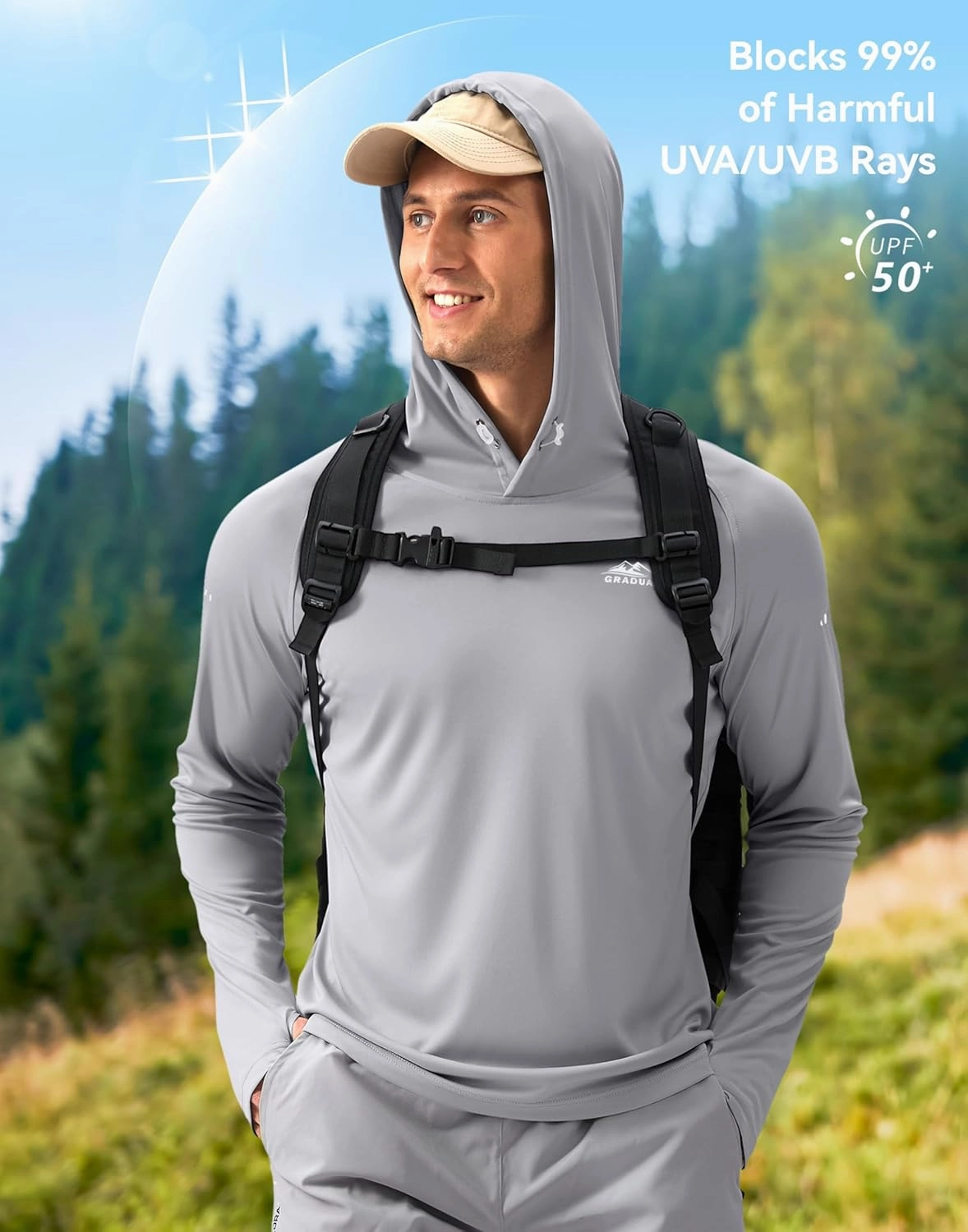Men's Sun Protection Hoodie Shirt UPF 50  Long Sleeve Fishing Rash Guard UV SPF Summer Lightweight Hiking Shirt for Men