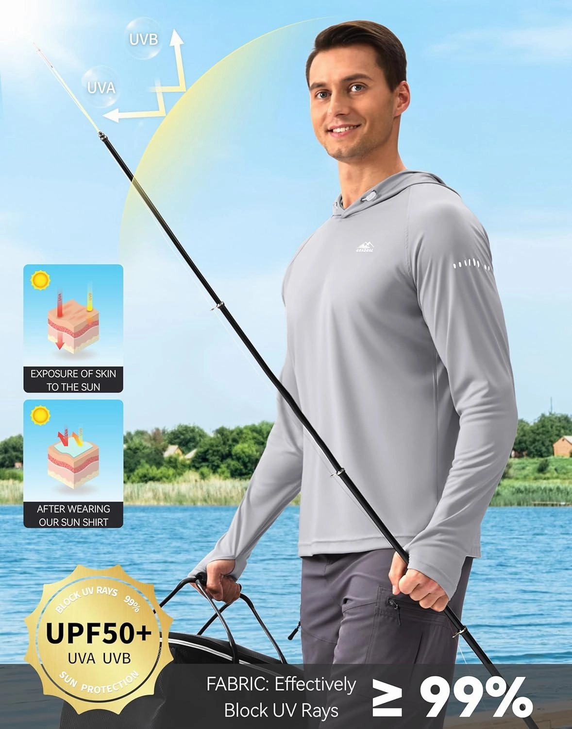 Men's Sun Protection Hoodie Shirt UPF 50  Long Sleeve Fishing Rash Guard UV SPF Summer Lightweight Hiking Shirt for Men