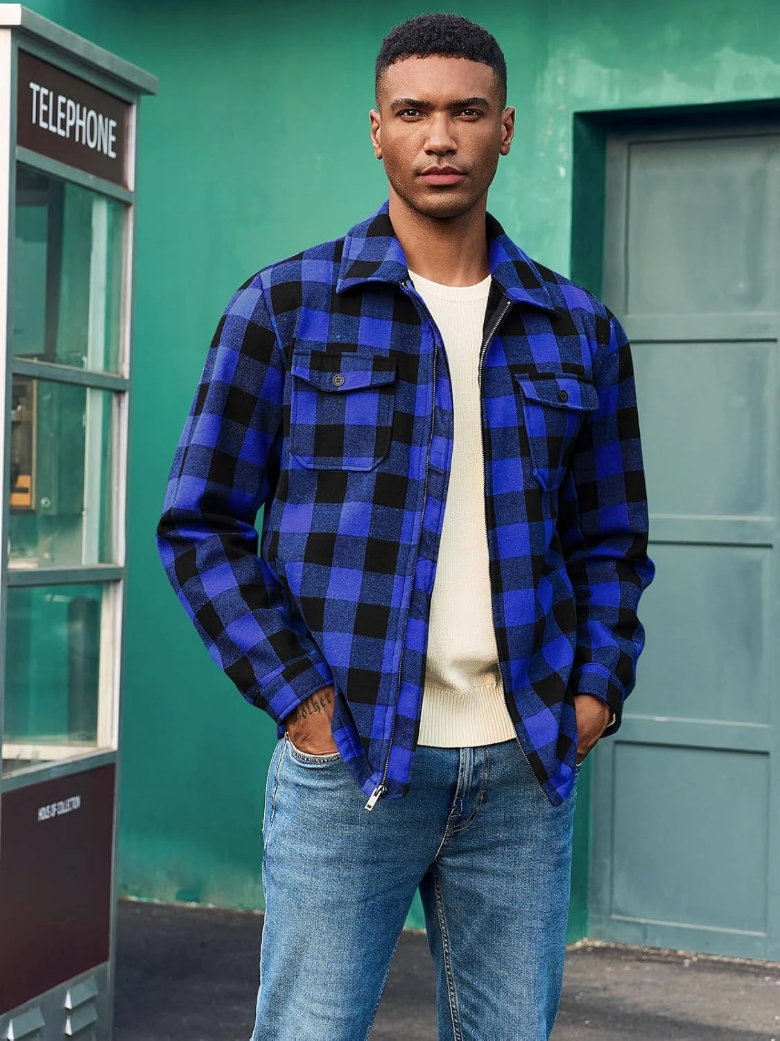 Mens Fleece Jacket Sherpa Lined Zip Up Buffalo Plaid Flannel Coat Casual Long Sleeve Warm Fall Winter Outwear