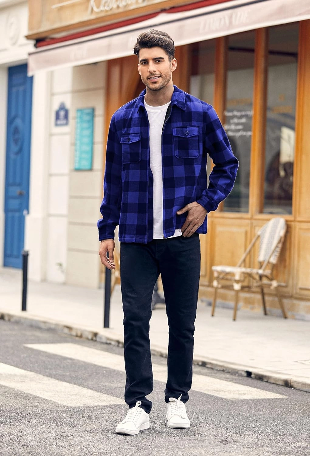 Mens Fleece Jacket Sherpa Lined Zip Up Buffalo Plaid Flannel Coat Casual Long Sleeve Warm Fall Winter Outwear
