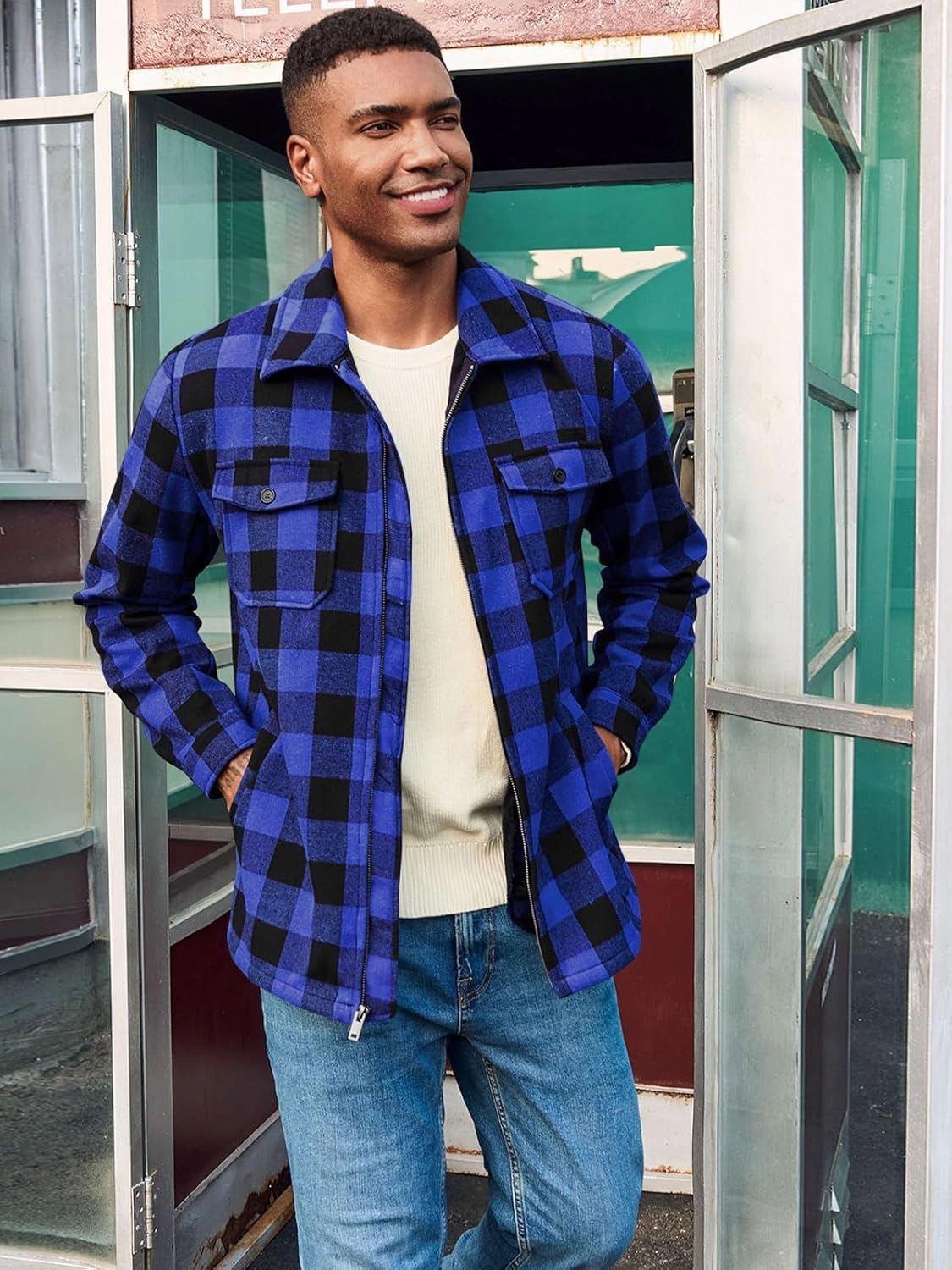 Mens Fleece Jacket Sherpa Lined Zip Up Buffalo Plaid Flannel Coat Casual Long Sleeve Warm Fall Winter Outwear