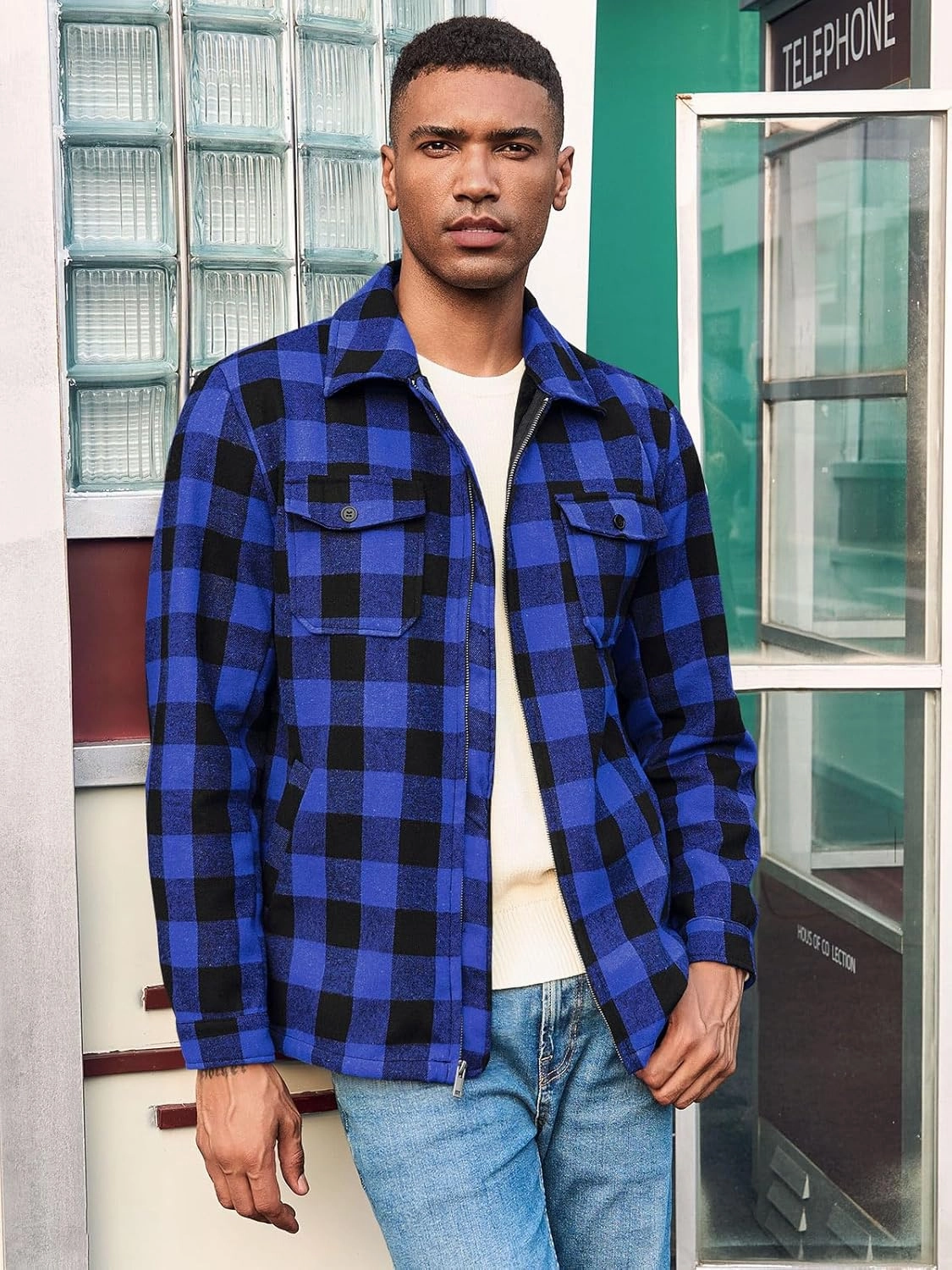 Mens Fleece Jacket Sherpa Lined Zip Up Buffalo Plaid Flannel Coat Casual Long Sleeve Warm Fall Winter Outwear