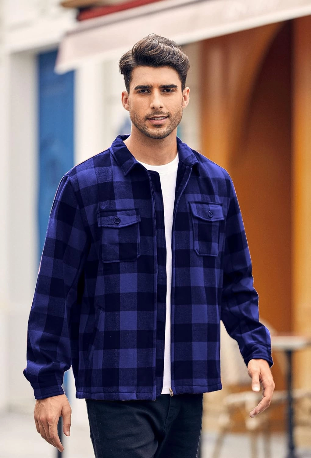 Mens Fleece Jacket Sherpa Lined Zip Up Buffalo Plaid Flannel Coat Casual Long Sleeve Warm Fall Winter Outwear