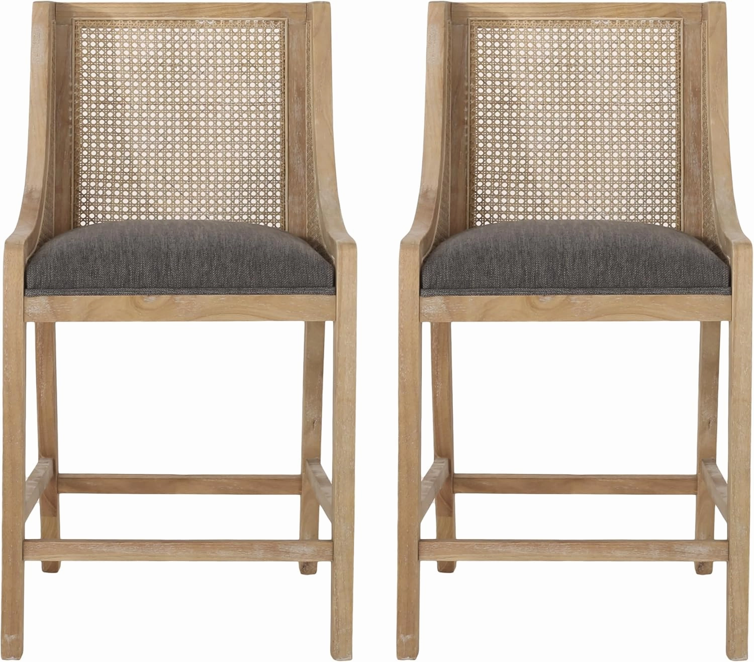 Merax 25.5" Fabric Upholstered Wood and Cane Counter Stools with Backrest,Set of 2,French Country Barstools Chair