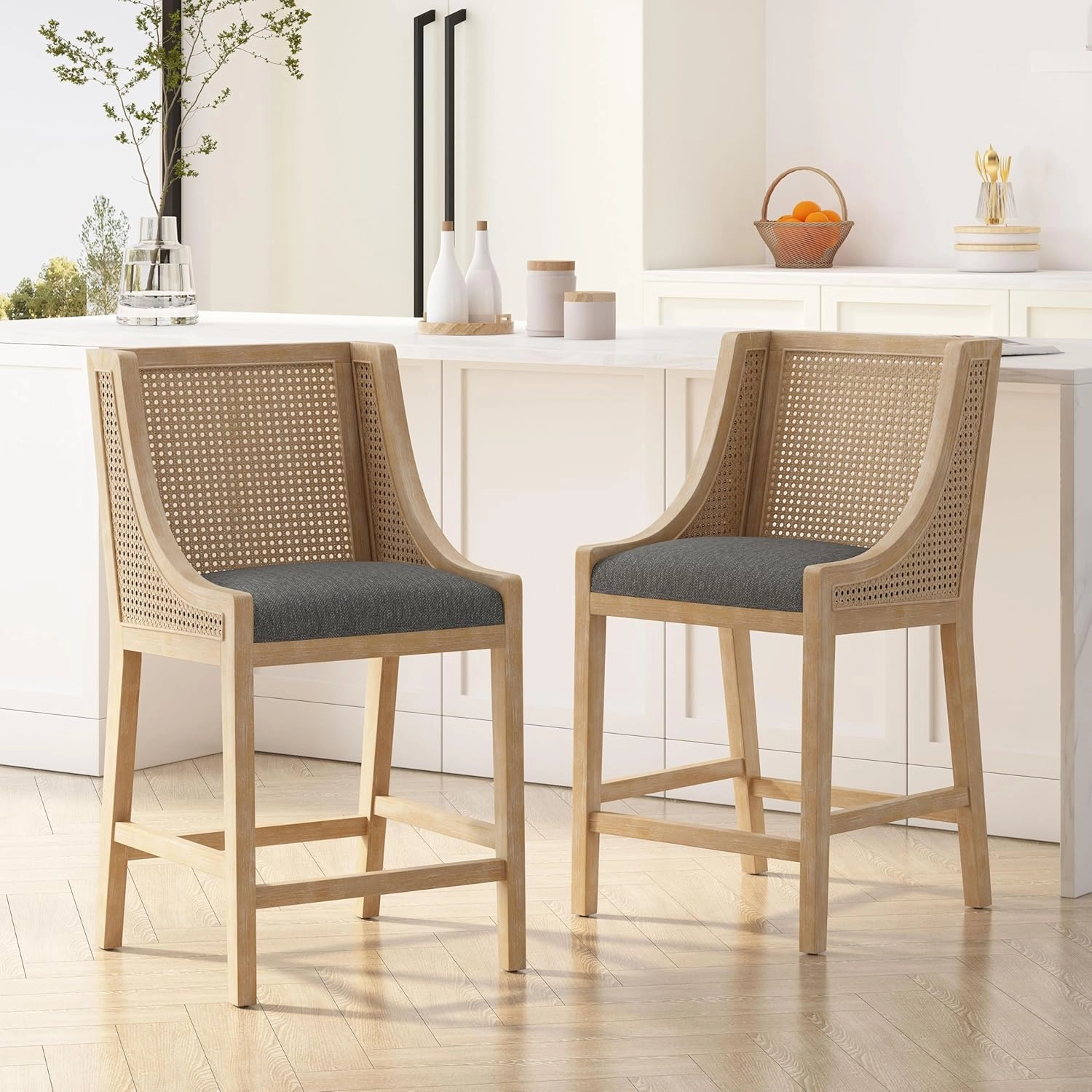Merax 25.5" Fabric Upholstered Wood and Cane Counter Stools with Backrest,Set of 2,French Country Barstools Chair
