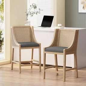 Merax 25.5" Fabric Upholstered Wood and Cane Counter Stools with Backrest,Set of 2,French Country Barstools Chair