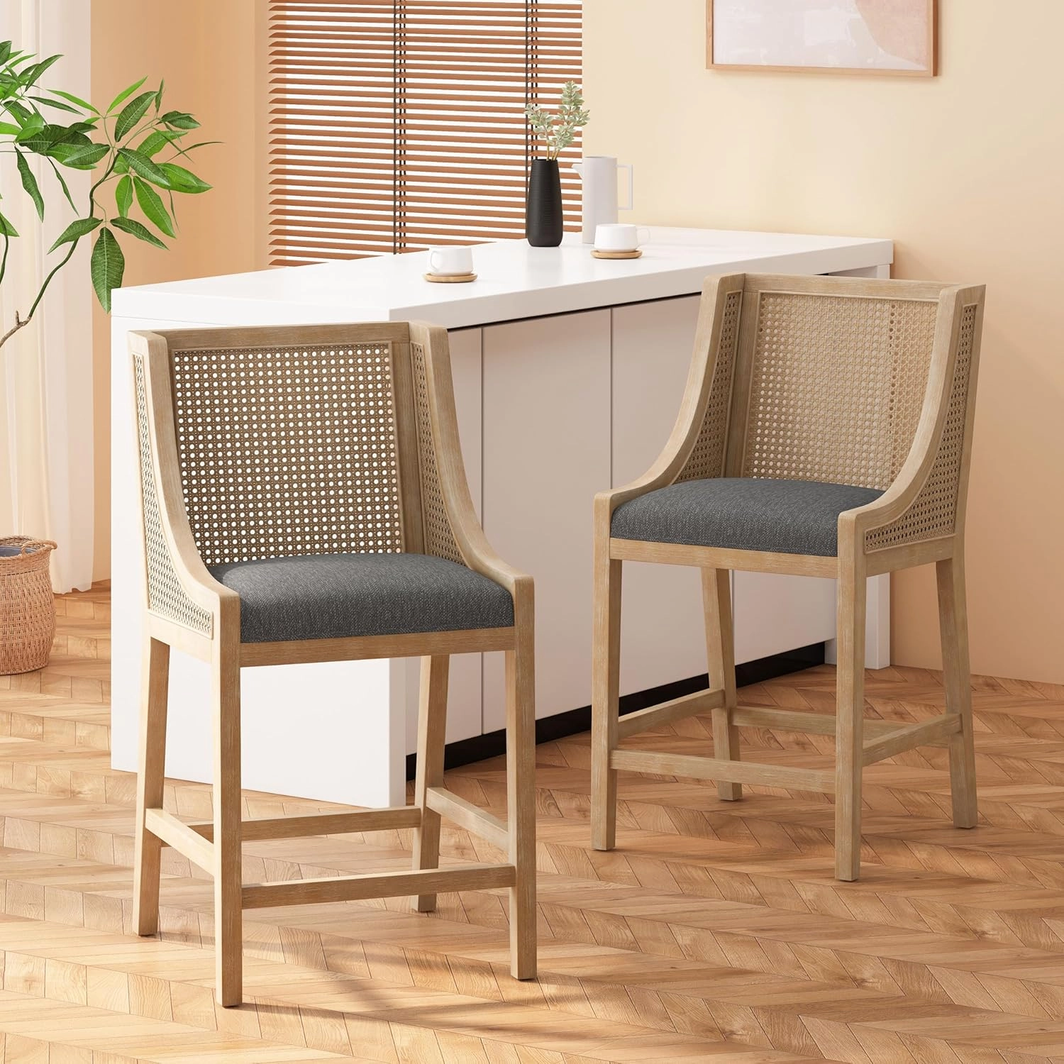 Merax 25.5" Fabric Upholstered Wood and Cane Counter Stools with Backrest,Set of 2,French Country Barstools Chair