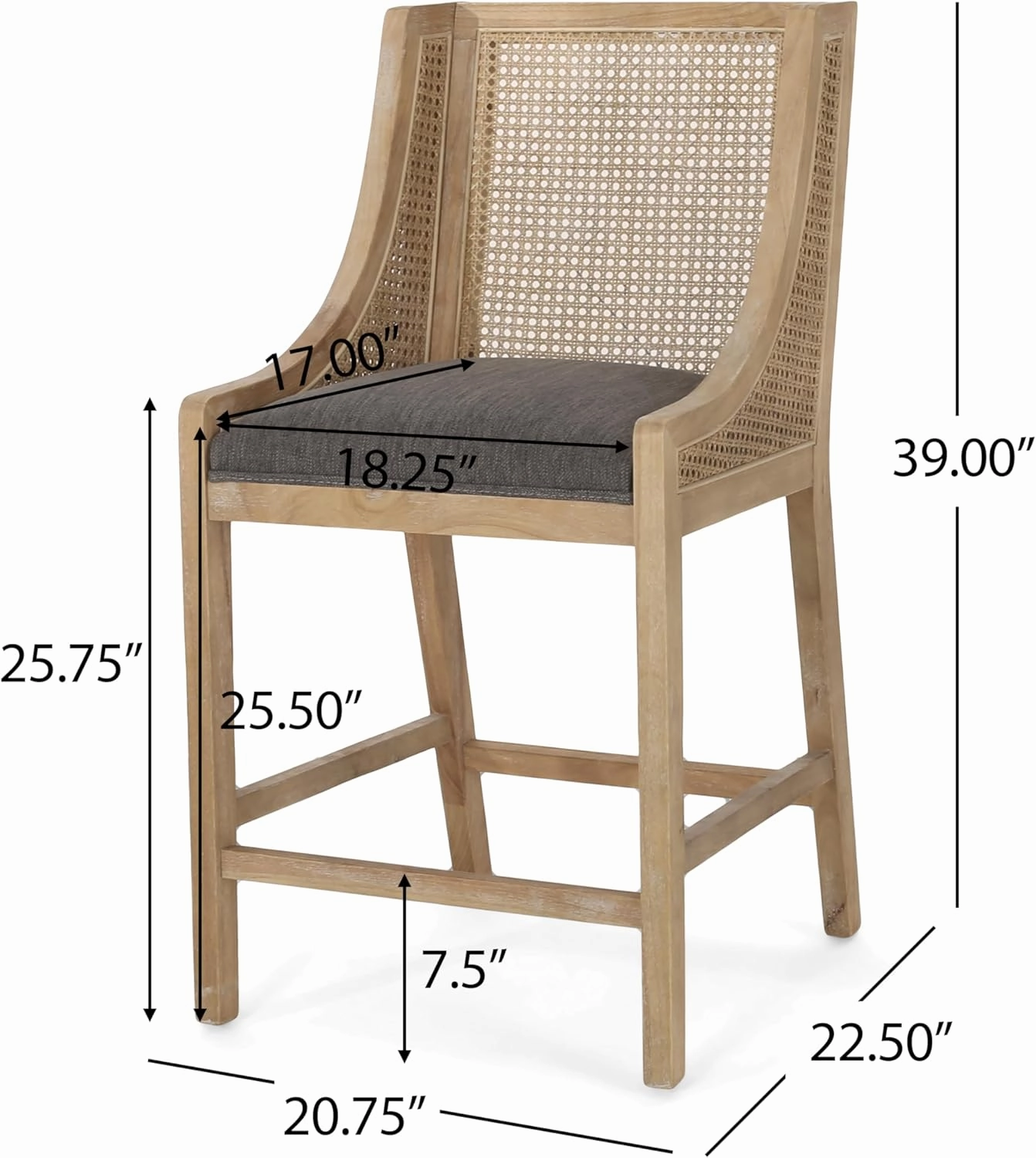 Merax 25.5" Fabric Upholstered Wood and Cane Counter Stools with Backrest,Set of 2,French Country Barstools Chair