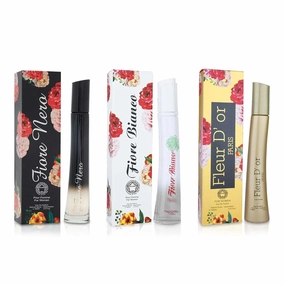 META-BOSEM Fiore Flower Perfume Set Collection for Women - White Black Red Yellow Fragrance Bottles for Ladies, Eau de Parfum Spray - Rose Floral Scent (Pack of 3) Each 3.4 Fl Oz, Total 10.80 Fl Oz