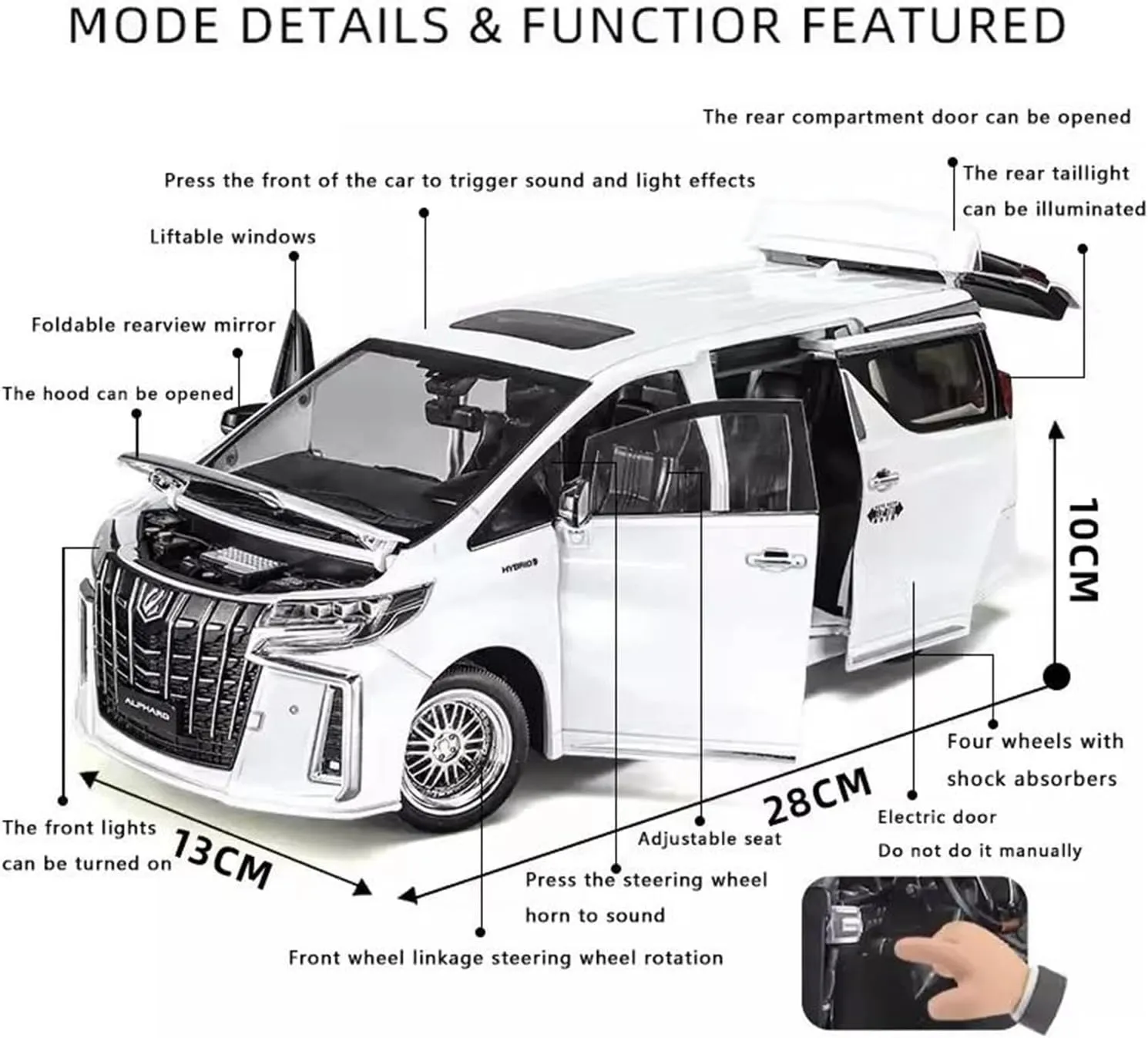 Metal Car Model 1:18 for Alphard Sound and Light Pull Back Toy Car Metal Craft Vehicle Mini Souvenirs Home Decoration Display Ornament(White)