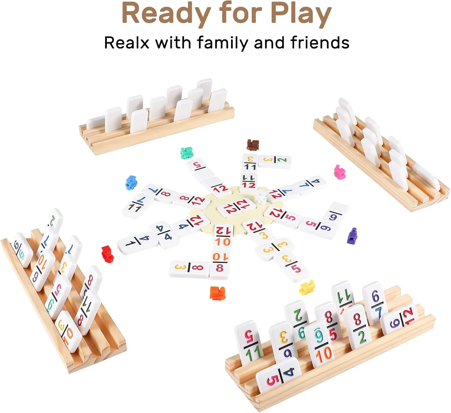 Mexican Train Dominoes Set with Numbers and 4 Wooden Trays/Racks, Double 12 Dominos Travel Set with 4 Tiles Holders, 91 Tiles Double 12 Colored Dominoes Game Set with Portable Case for Families Kids