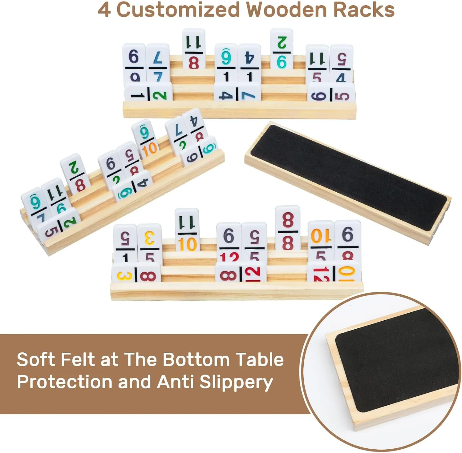 Mexican Train Dominoes Set with Numbers and 4 Wooden Trays/Racks, Double 12 Dominos Travel Set with 4 Tiles Holders, 91 Tiles Double 12 Colored Dominoes Game Set with Portable Case for Families Kids