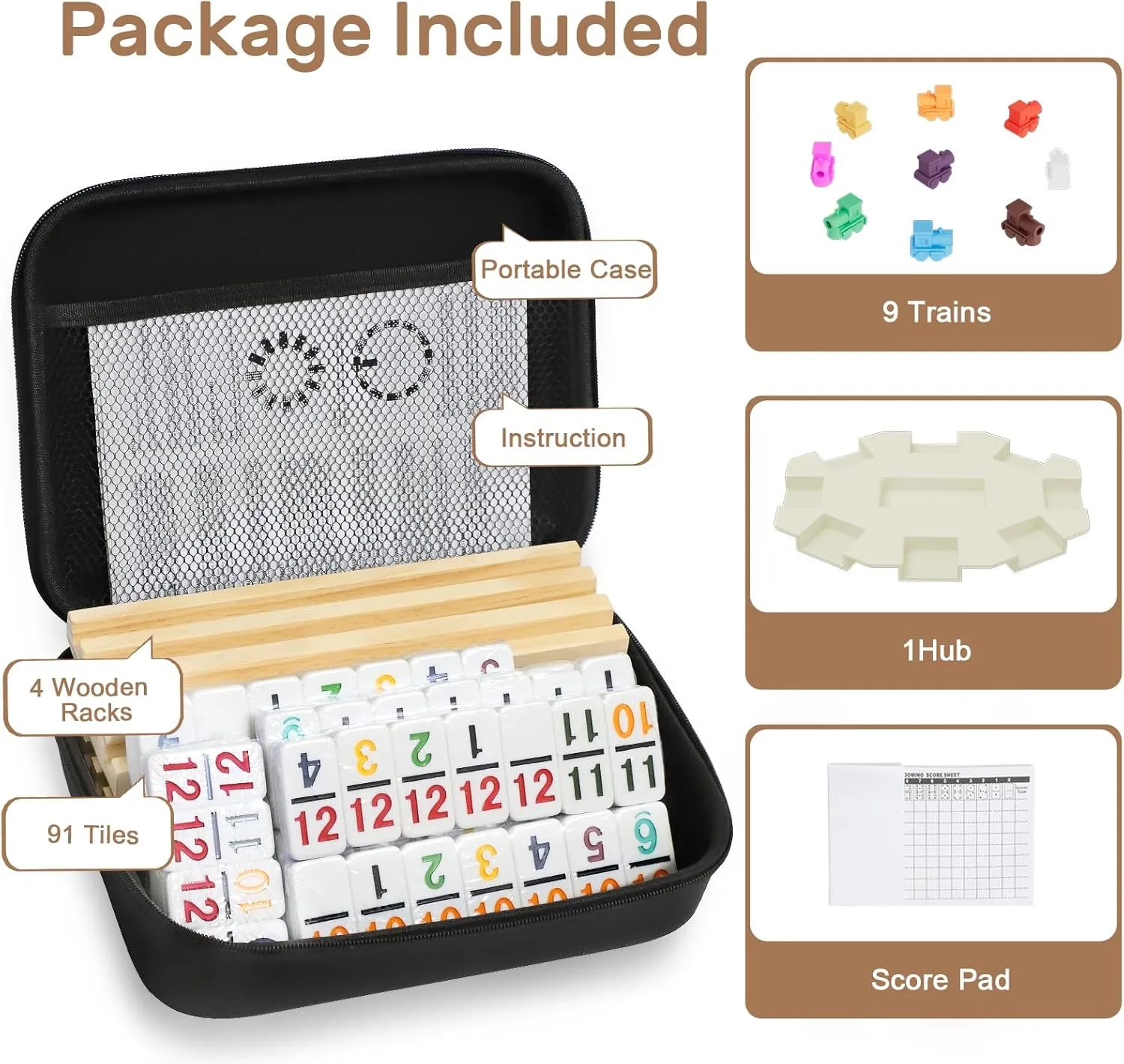 Mexican Train Dominoes Set with Numbers and 4 Wooden Trays/Racks, Double 12 Dominos Travel Set with 4 Tiles Holders, 91 Tiles Double 12 Colored Dominoes Game Set with Portable Case for Families Kids