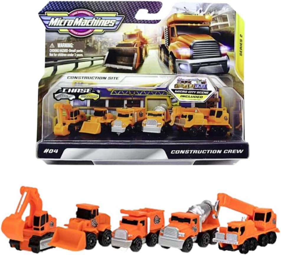 Micro Machines MMW0021 Construction Crew Pack, Features 5 Plus Corresponding Scene-Highly Collectible Themed Toy Cars – Tiny Vehicles, Huge World, Orange