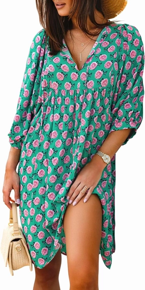 miduo Womens Casual V Neck Summer Half Sleeve Bohemian Floral Mini Tunic Short Dresses