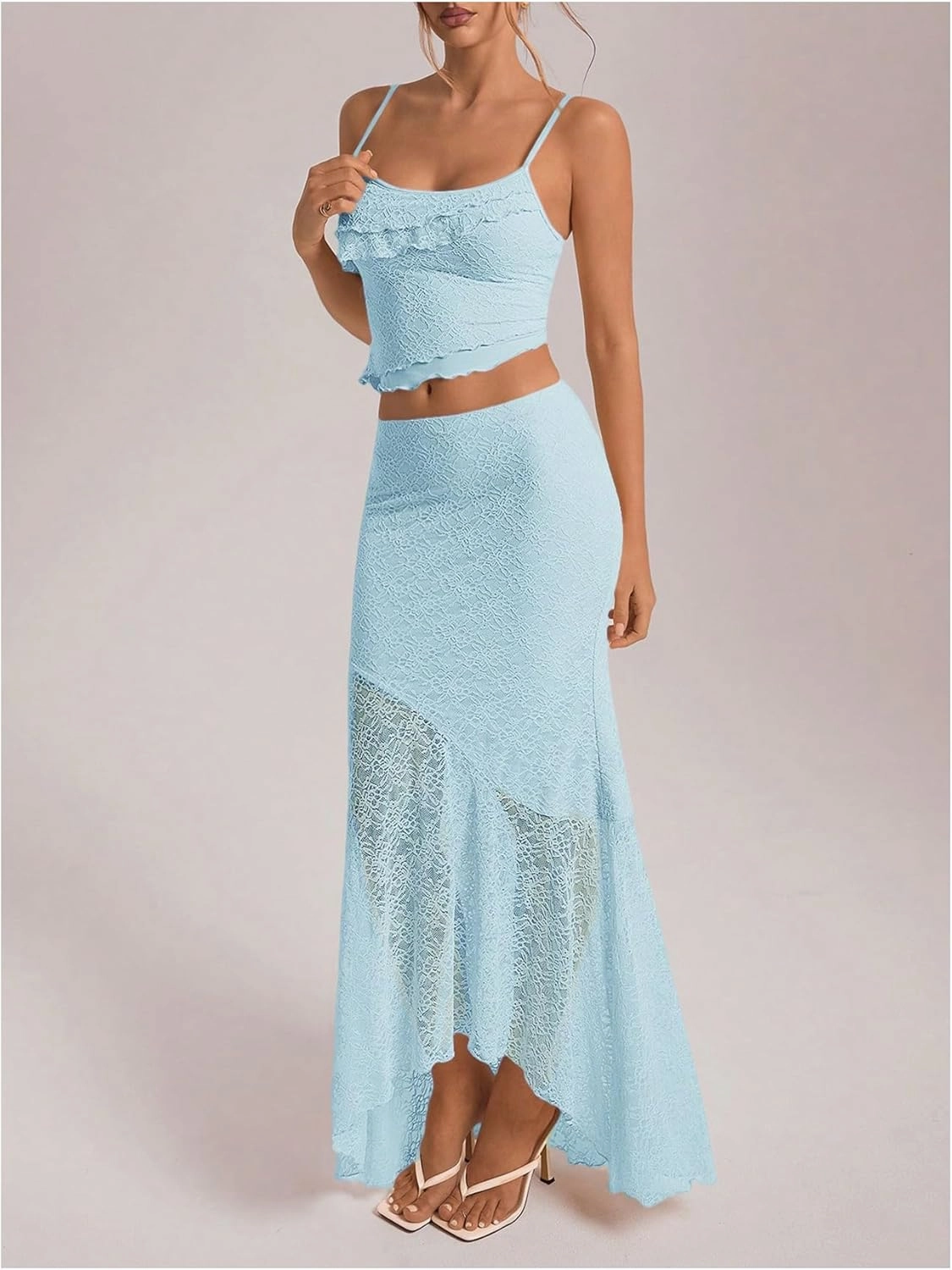 Milumia Women's 2 Piece Outfits Ruffle Trim Cami Crop Top and Low Rise Maxi Skirt Set