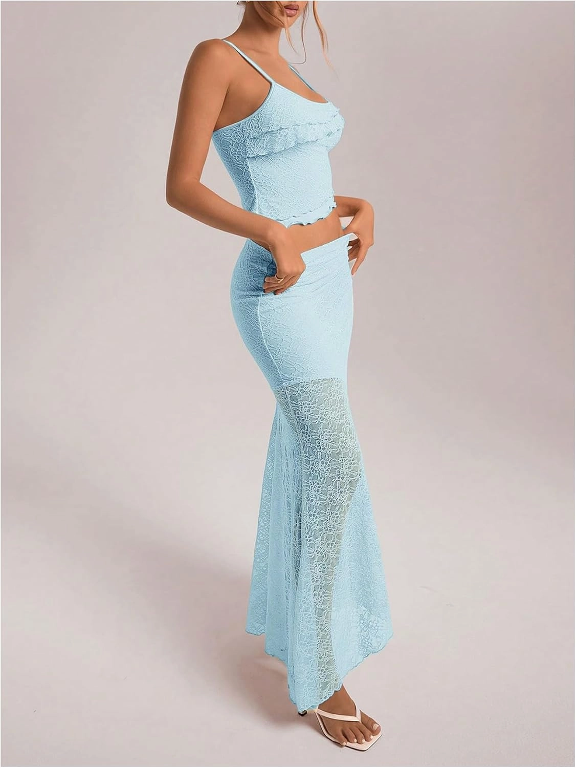 Milumia Women's 2 Piece Outfits Ruffle Trim Cami Crop Top and Low Rise Maxi Skirt Set