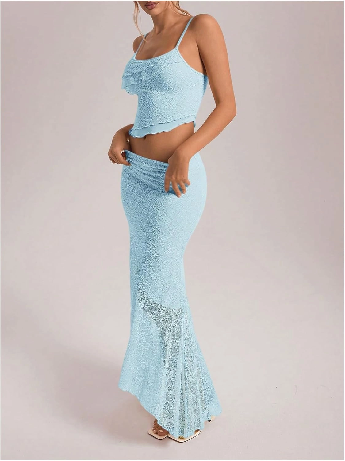 Milumia Women's 2 Piece Outfits Ruffle Trim Cami Crop Top and Low Rise Maxi Skirt Set