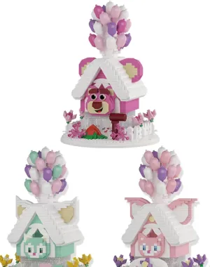 Mini cute kawaii house miniature building block playset, displays, collectibles, creative gifts, including dust cover and wooden base balloon castle DIY (Interesting Teddy Bear Building Blocks)